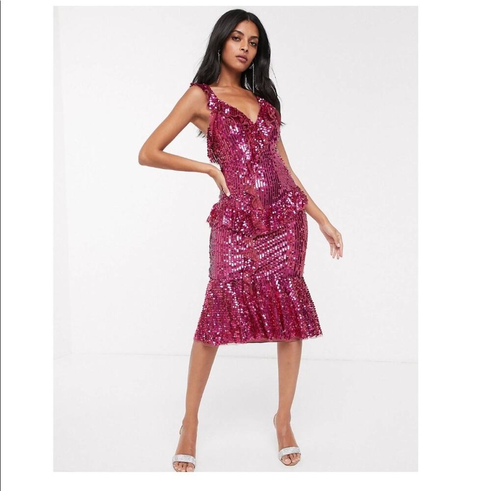 NWT Needle & Thread Berry Raspberry Sequin MIDI Dress 0 - Picture 4 of 12